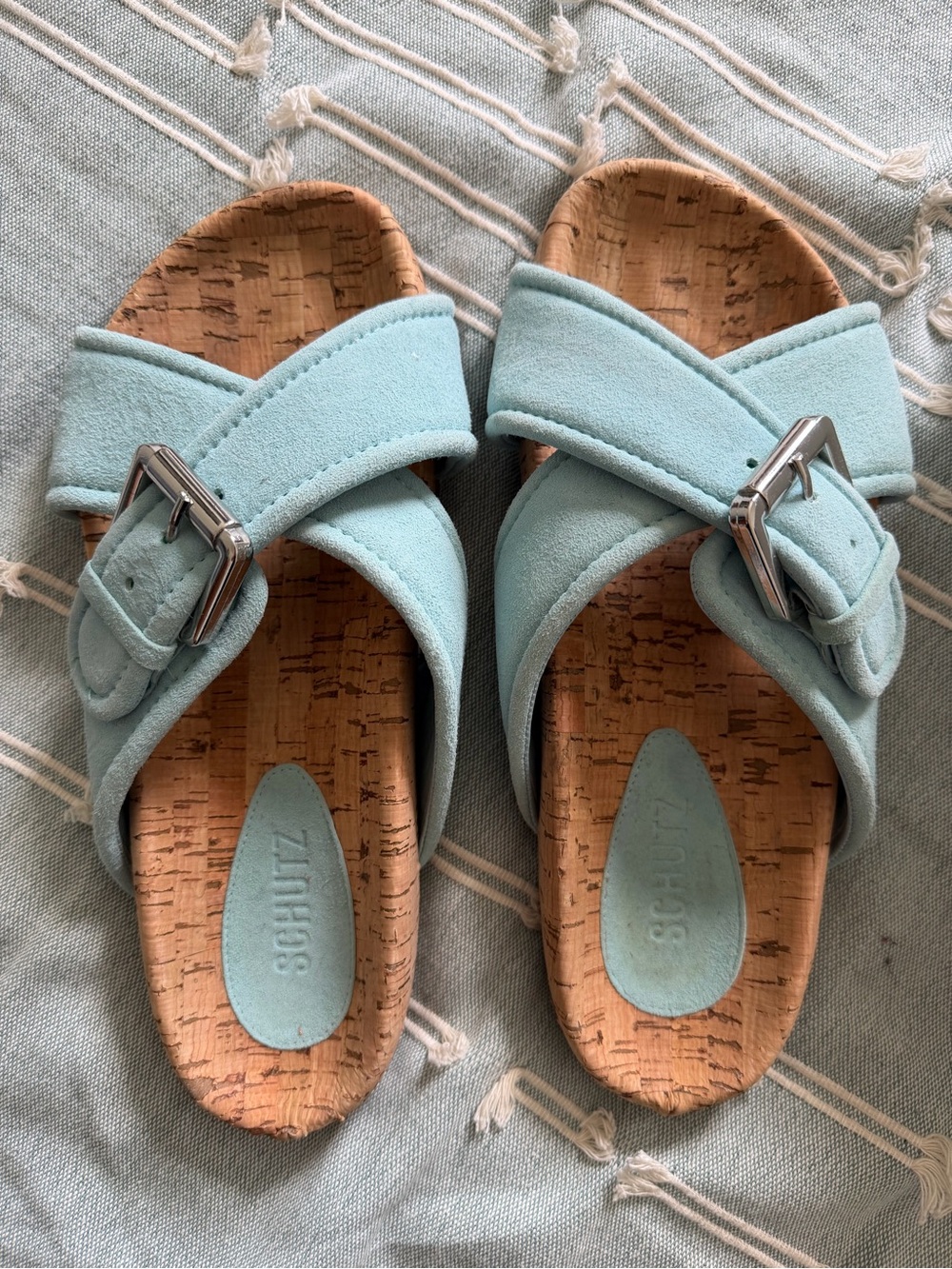 SCHUTZ Light Blue Suede Cork Slide Sandals with Buckle
